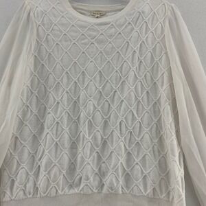 JODIFL Knit Top Sheer Sleeve‎ Blouse Diamond Pattern Crew Neck White Size L
